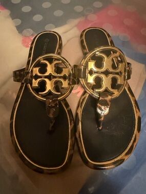 Tory Burch Leopard-Trim Miller Sandals with Gold Logo